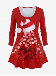 T-shirt Etoile Sapin de Noël et Flocon de Neige Imprimés de Grande Taille avec Nœud Papillon - Rouge 4X