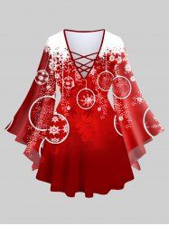 Plus Size Christmas Ball Snowflake Floral Colorblock Print Lattice Flare Sleeve T-shirt -  