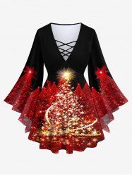 Plus Size Christmas Tree Sparkling Sequin Glitter 3D Printed Lattice Flare Sleeve T-shirt -  
