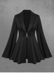 Gothic Lapel Collar Split Flutter Sleeves Ruched PU Panel Zipper Belted Coat -  