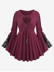 Plus Size Lace-up Tied Cinched Floral Lace Flare Sleeve Keyhole Neck Textured T-shirt -  