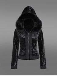 Gothic Full Zipper Applique Panel Fur Trim Fluffy Collar Long Sleeve Velvet Hooded Coat -  