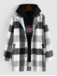 Men's Plaid Pattern Button Front Faux Woolen Long Coat -  