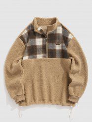 Faux Sherpa Fluffy Spliced Plaid Half Zip Stand Collar Toggle Drawstring Teddy Sweatshirt -  