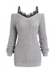 Cold Shoulder Lace Insert Hollow Out Sweater -  