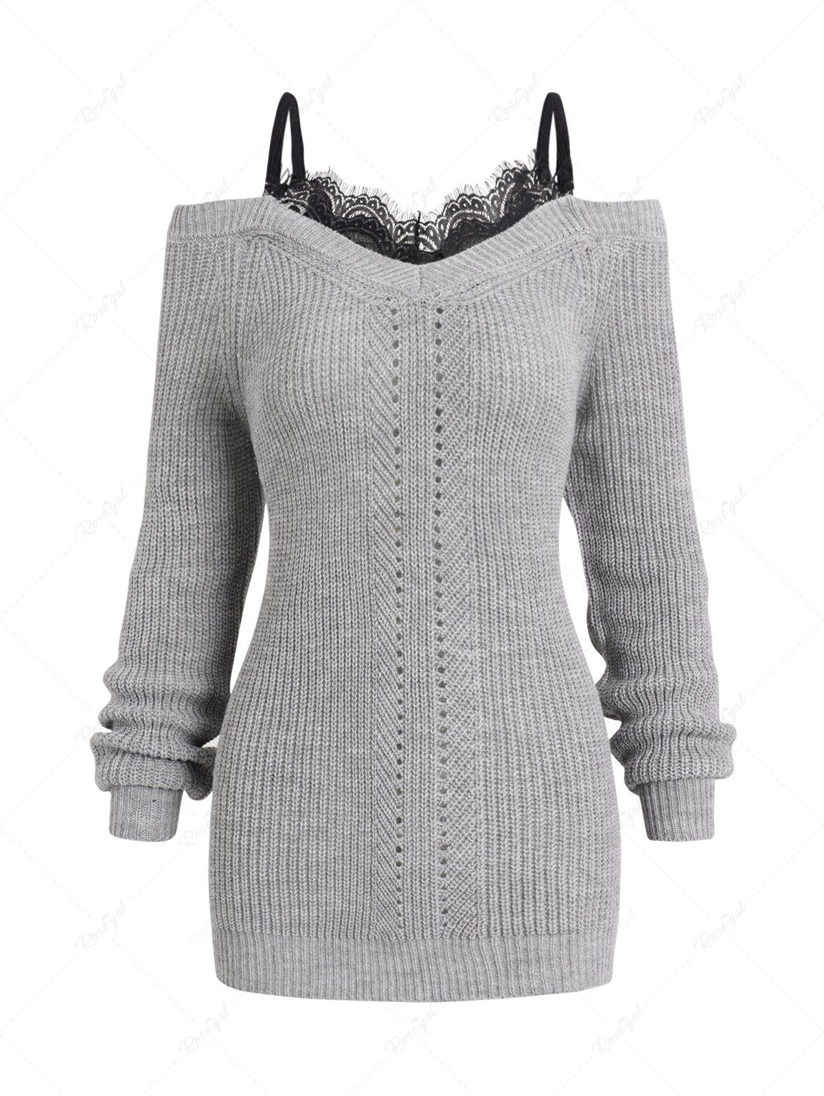 Cheap Cold Shoulder Lace Insert Hollow Out Sweater  