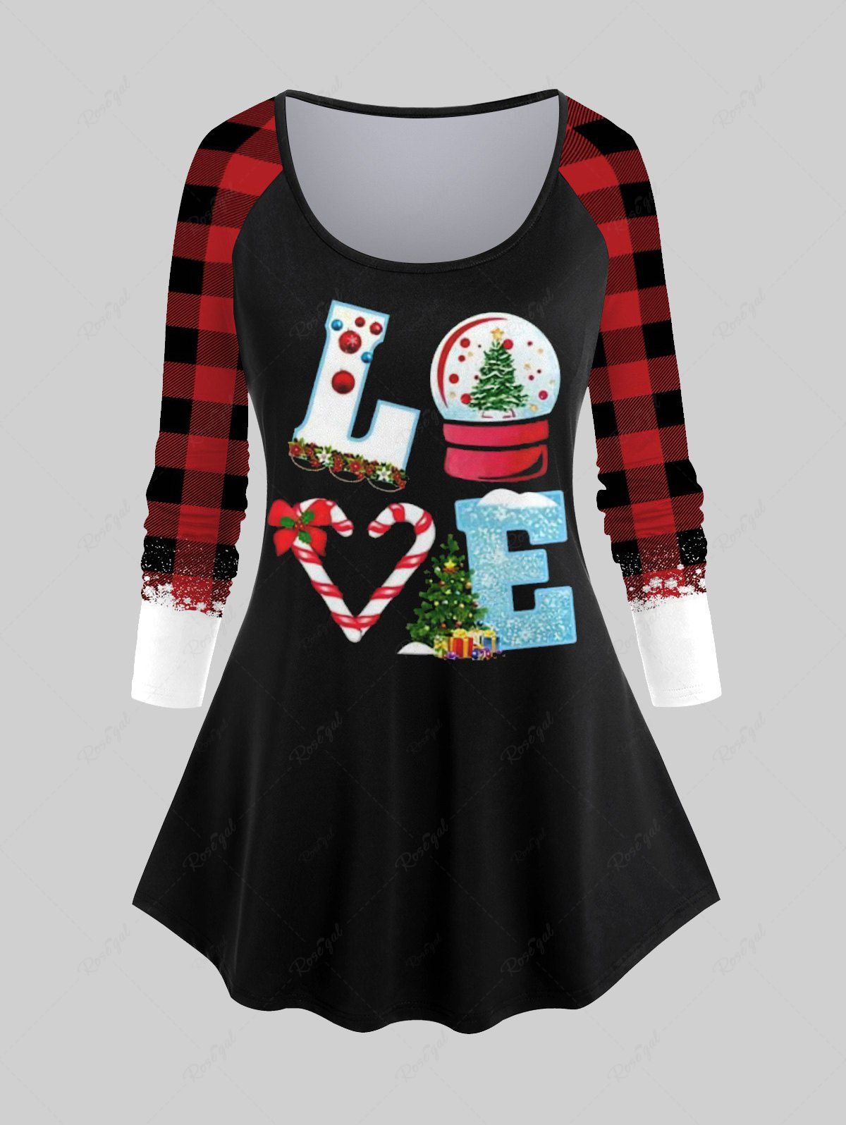 Outfit Plus Size Christmas Tree Ball Snowflake Candy Plaid Colorblock Print Raglan Sleeve T-shirt  