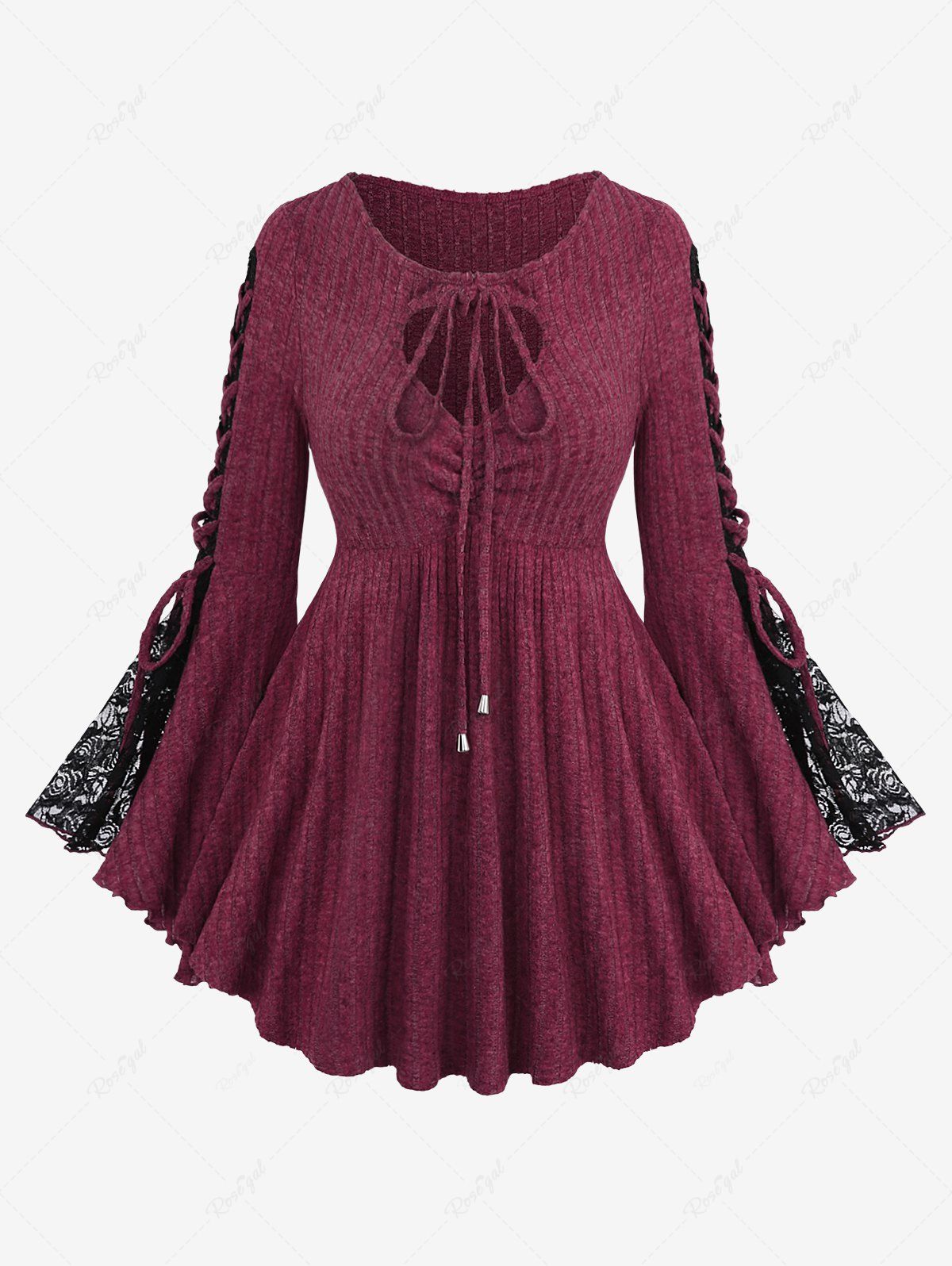 Outfit Plus Size Lace-up Tied Cinched Floral Lace Flare Sleeve Keyhole Neck Textured T-shirt  