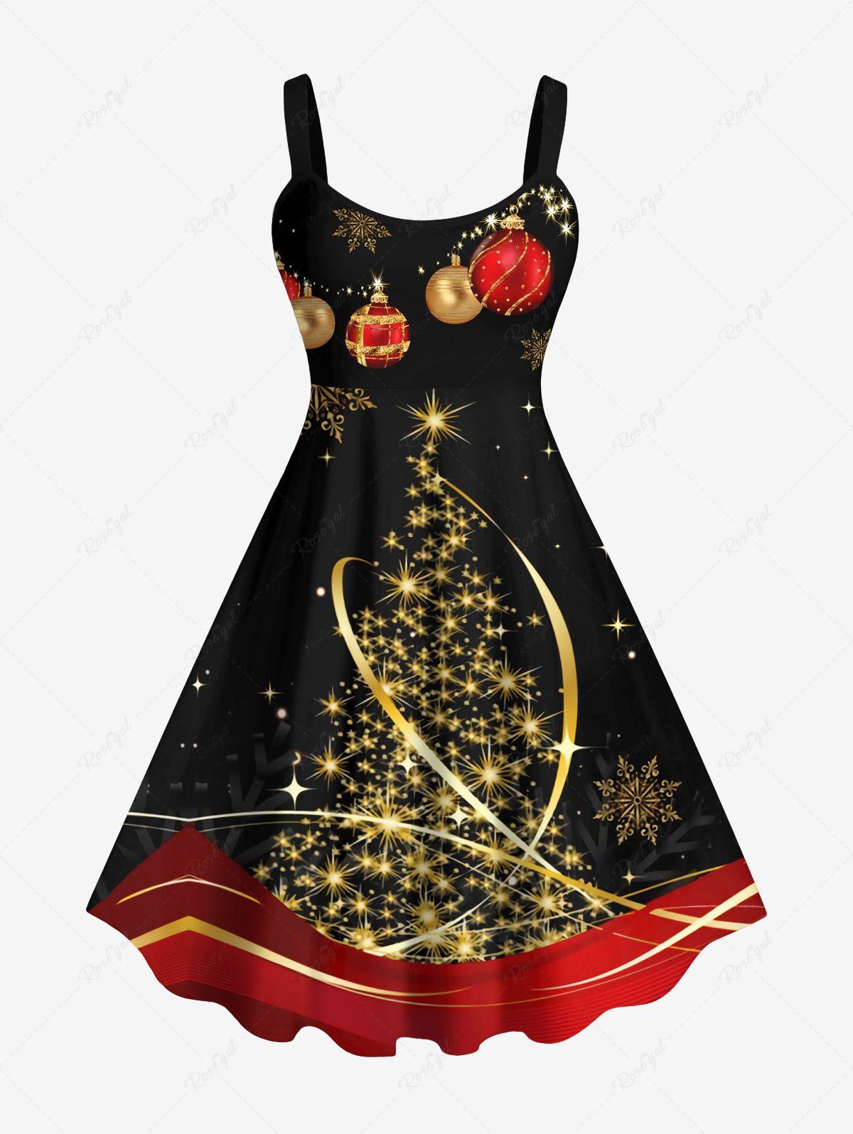 Robe Brillante 3D Boule Sapin de Noël et Flocon de Neige Imprimés de Grande Taille à Paillettes Noir S