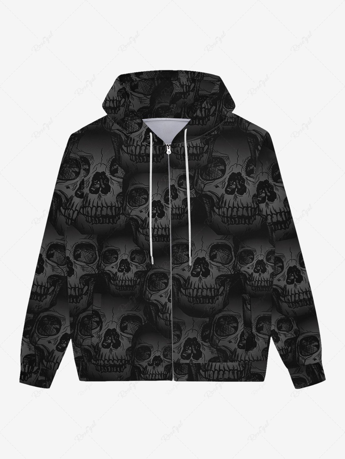 Shop Gothic Halloween Skulls Print Zipper Fleece Lining Hoodie For Men  