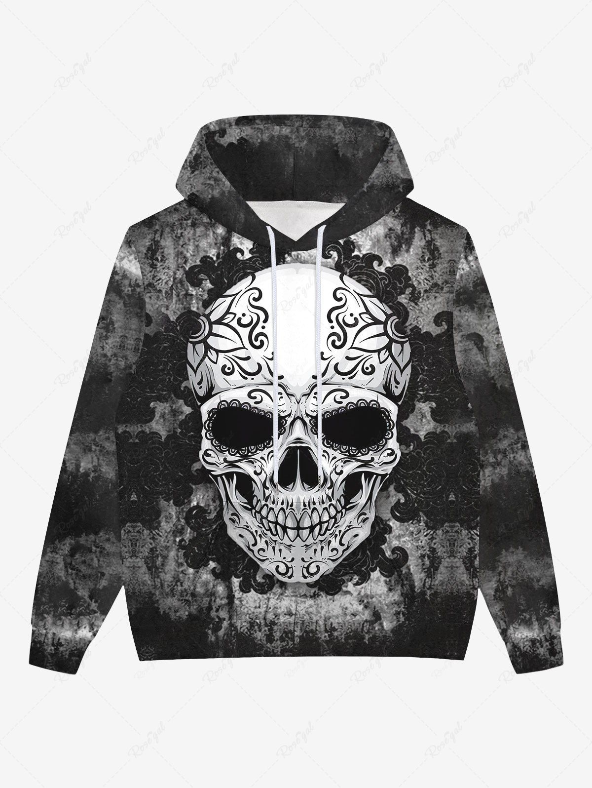 Outfit Gothic Halloween Tie Dye Skulls Floral Graphic Distressed 3D Print Pocket Drawstring Hoodie For Men  
