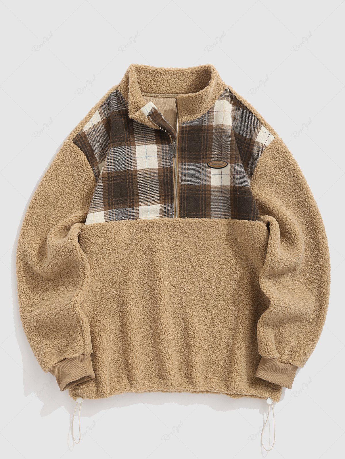 Discount Faux Sherpa Fluffy Spliced Plaid Half Zip Stand Collar Toggle Drawstring Teddy Sweatshirt  