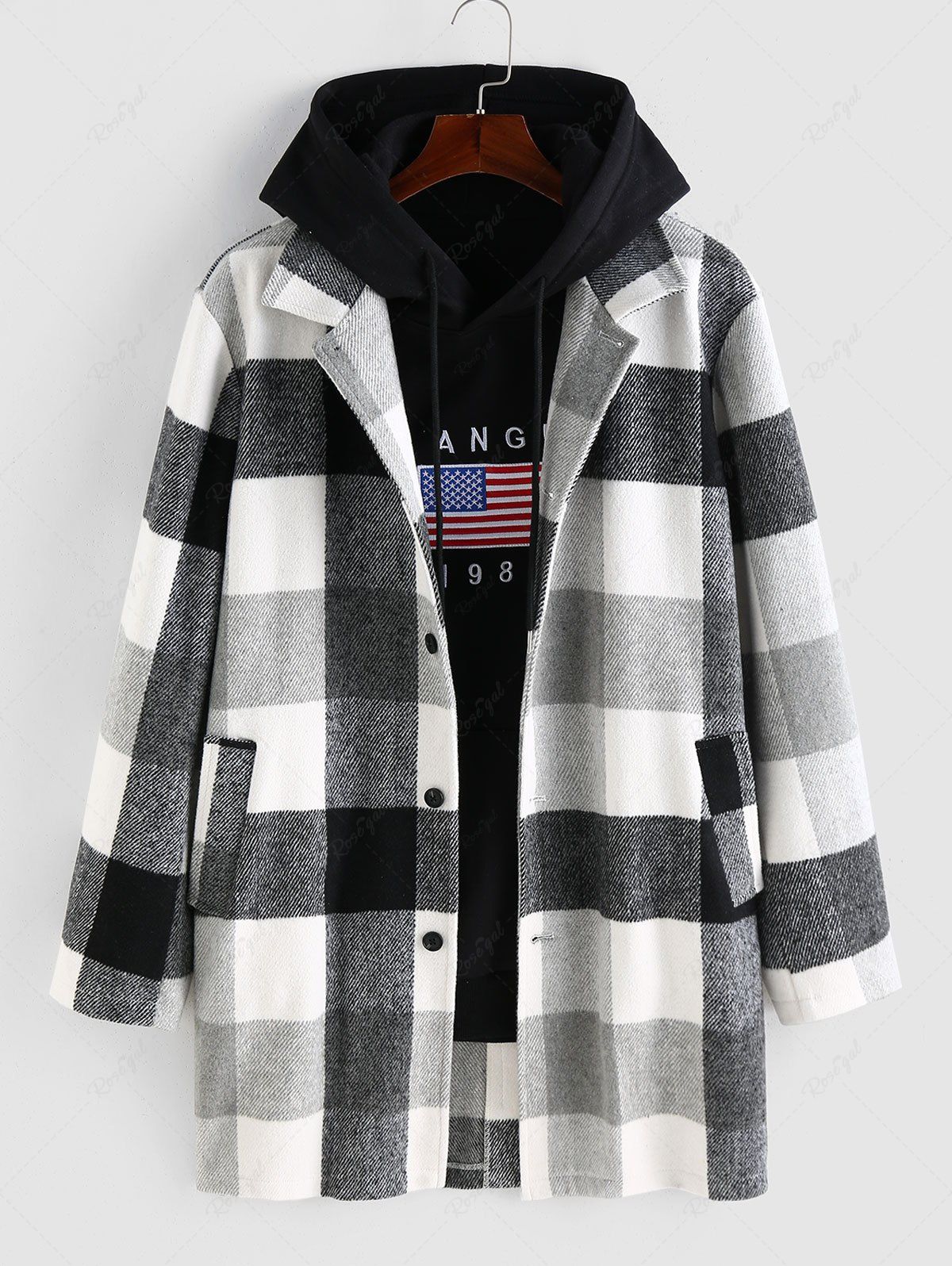 Outfit Men's Plaid Pattern Button Front Faux Woolen Long Coat  