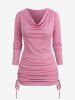 Plus Size Cowl Neck Detachable Collar Cinched Ruched Ribbed Solid Long Sleeves T-shirt - Rose clair L | US 12