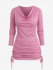 Plus Size Cowl Neck Detachable Collar Cinched Ruched Ribbed Solid Long Sleeves T-shirt -  