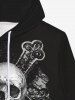 Gothic Halloween Skulls Rose Cross Print Fleece Lined Drawstring Hoodie For Men -  