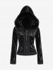 Gothic Full Zipper Applique Panel Fur Trim Fluffy Collar Long Sleeve Velvet Hooded Coat -  