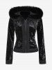 Gothic Full Zipper Applique Panel Fur Trim Fluffy Collar Long Sleeve Velvet Hooded Coat -  