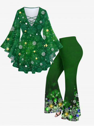 Christmas Snowflake Glitter 3D Printed Lattice Bell Sleeves Top and Flare Pants Plus Size Outfit - DEEP GREEN