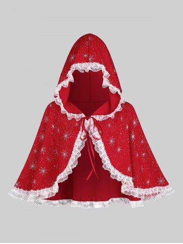Plus Size Christmas Glitter Snowflake Stamping Ribbon Tied Lace Trim Hooded Cape
