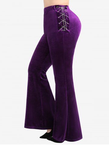 Plus Size Grommets Chains Lace Up Flower Buckle Elastic Waist Velvet Flare Pants - CONCORD - L | US 12