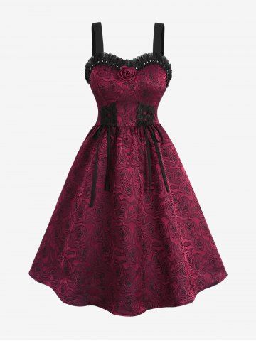 Plus Size Lace-up Flower Embroidered Jacquard Rose Pin Decorated Rivet Ruffles Lace Trim Valentines Tank Dress - DEEP RED - 1X | US 14-16