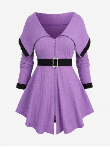 Plus Size Turn-down Collar Fur Trim Full Zipper Textured Square Buckle Belt Long Sleeves Knitted Top - PURPLE - L | US 12