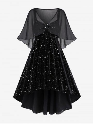 Plus Size Moon Stars Silver Stamping Ruched High Low Velvet A Line Dress and Floral Buckle Chiffon Overlay Cape Set - BLACK - 1X | US 14-16