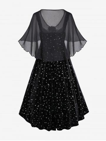 Plus Size Moon Stars Silver Stamping Ruched High Low Velvet A Line Dress and Floral Buckle Chiffon Overlay Cape Set