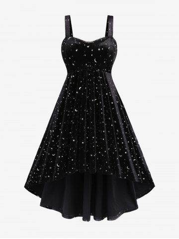 Plus Size Moon Stars Silver Stamping Ruched High Low Velvet A Line Dress and Floral Buckle Chiffon Overlay Cape Set