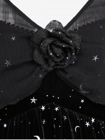 Plus Size Moon Stars Silver Stamping Ruched High Low Velvet A Line Dress and Floral Buckle Chiffon Overlay Cape Set