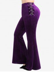 Plus Size Grommets Chains Lace Up Flower Buckle Elastic Waist Velvet Flare Pants -  