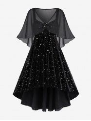 Plus Size Moon Stars Silver Stamping Ruched High Low Velvet A Line Dress and Floral Buckle Chiffon Overlay Cape Set -  