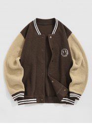 Veste de Baseball Duveteux à Visage Souriant Brodé Blocs de Couleurs en Fausse Fourrure pour Homme - café M