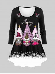 Plus Size Christmas Tree Hat Santa Claus Snowflake Letters Stars Print Long Sleeves T-shirt -  