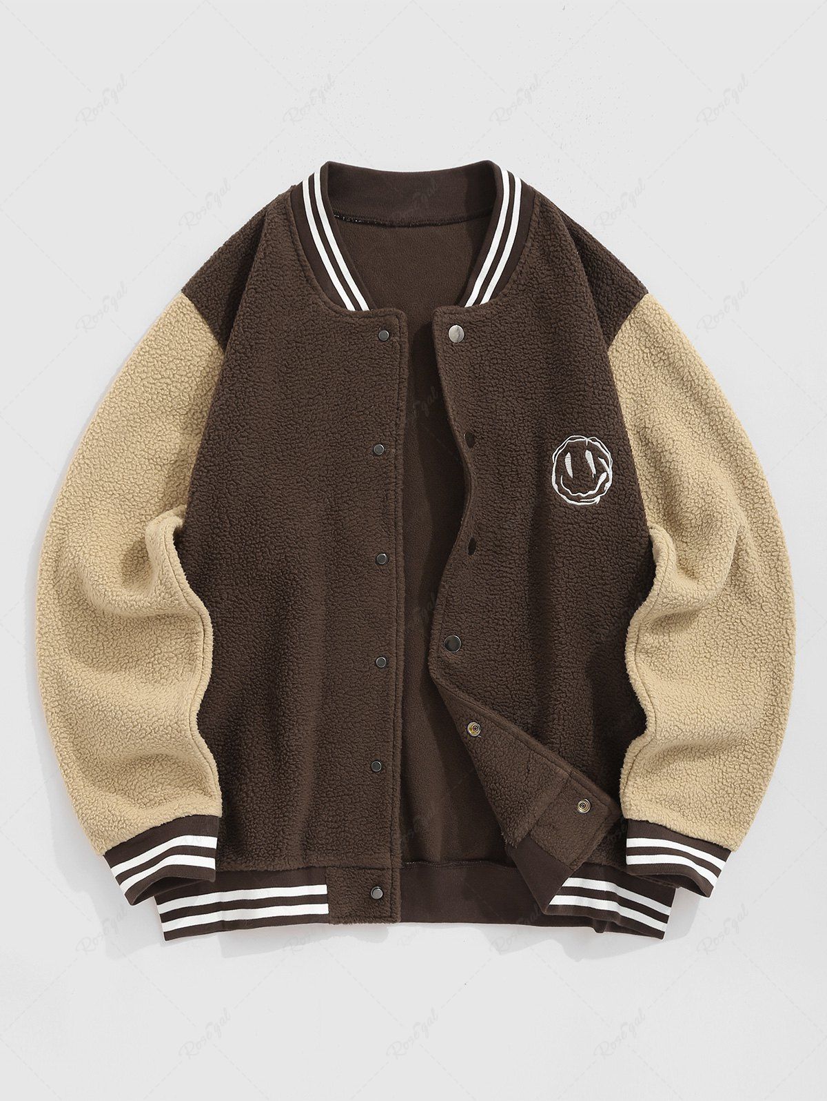 Hot Men's Two Tone Colorblock Smile Face Embroidered Fluffy Faux Fur Baseball Jacket  