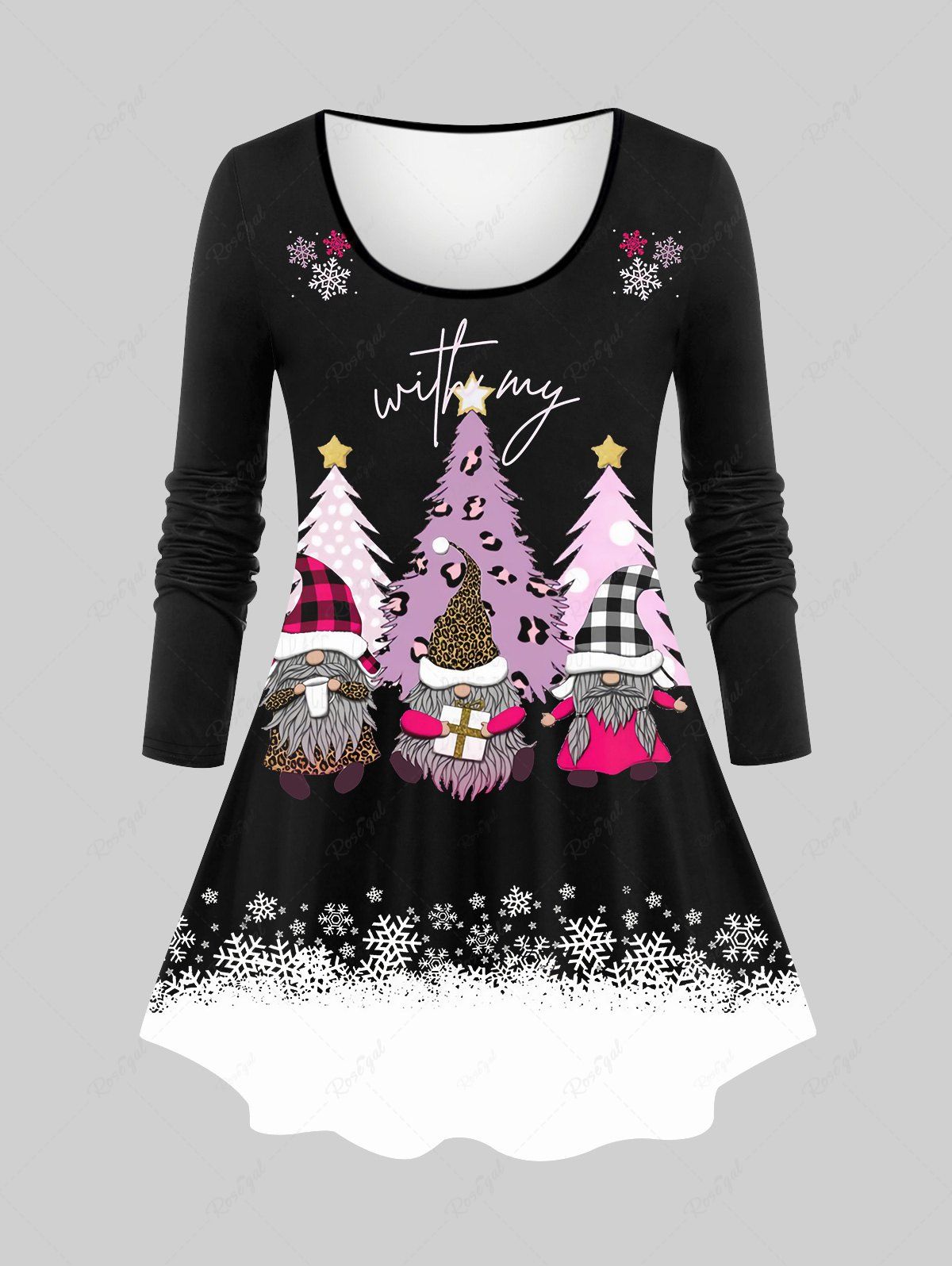 Fashion Plus Size Christmas Tree Hat Santa Claus Snowflake Letters Stars Print Long Sleeves T-shirt  