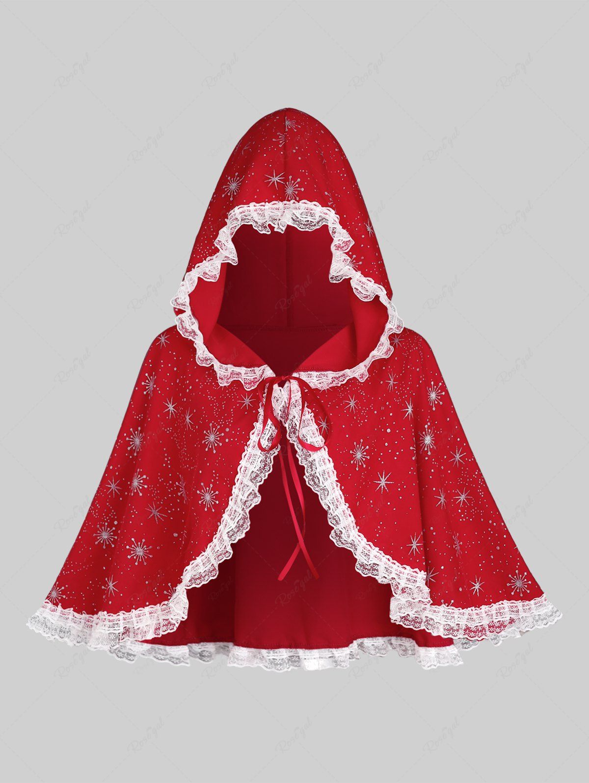 Unique Plus Size Christmas Glitter Snowflake Stamping Ribbon Tied Lace Trim Hooded Cape  