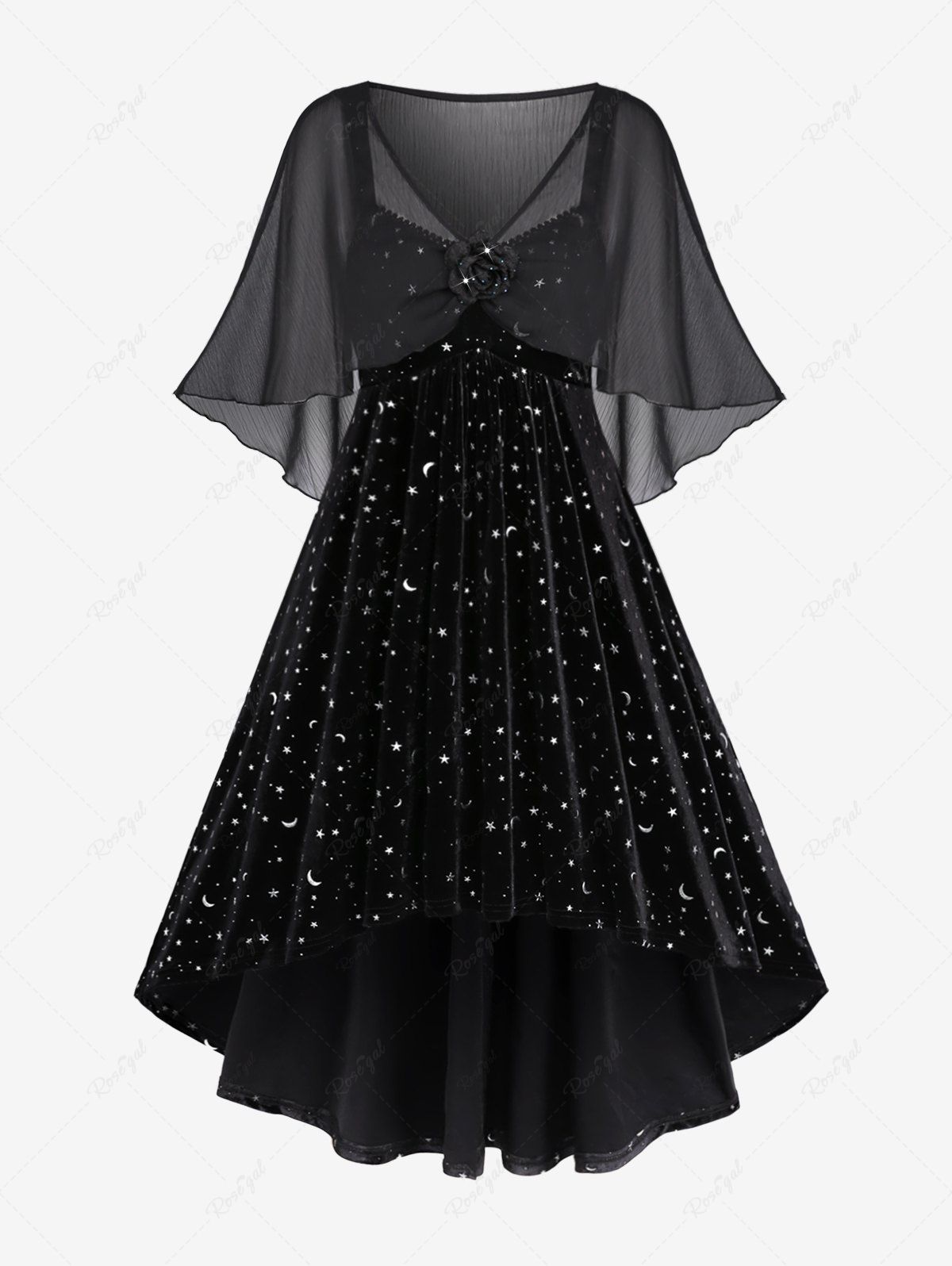 Hot Plus Size Moon Stars Silver Stamping Ruched High Low Velvet A Line Dress and Floral Buckle Chiffon Overlay Cape Set  