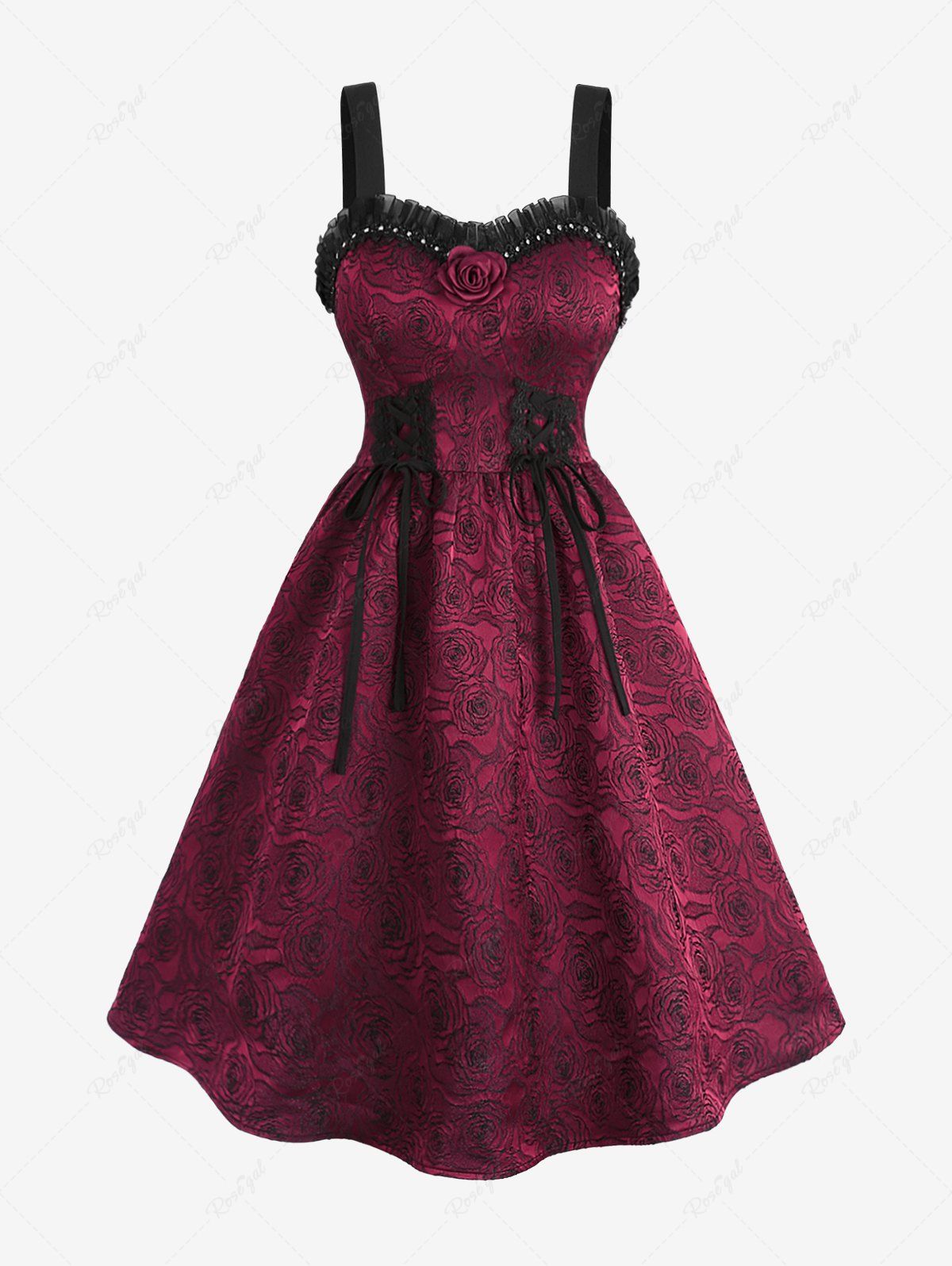 Fashion Plus Size Lace-up Flower Embroidered Jacquard Rose Pin Decorated Rivet Ruffles Lace Trim Valentines Tank Dress  