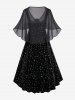 Plus Size Moon Stars Silver Stamping Ruched High Low Velvet A Line Dress and Floral Buckle Chiffon Overlay Cape Set -  