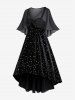 Plus Size Moon Stars Silver Stamping Ruched High Low Velvet A Line Dress and Floral Buckle Chiffon Overlay Cape Set -  