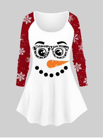 Plus Size Christmas Snowman Face Glasses Carrot Nose Colorblock Snowflake Print Raglan Sleeves T-shirt - WHITE - XS