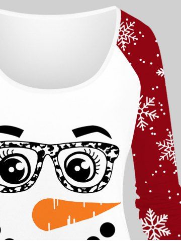 Plus Size Christmas Snowman Face Glasses Carrot Nose Colorblock Snowflake Print Raglan Sleeves T-shirt