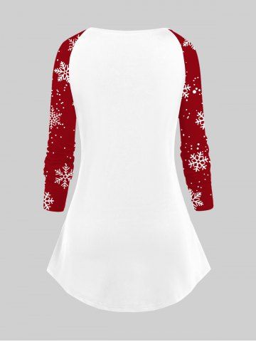 Plus Size Christmas Snowman Face Glasses Carrot Nose Colorblock Snowflake Print Raglan Sleeves T-shirt