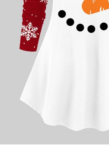 Plus Size Christmas Snowman Face Glasses Carrot Nose Colorblock Snowflake Print Raglan Sleeves T-shirt