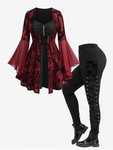 Plus Size Lace Up O-ring Chain Ruched Paisley Printed Mesh Bell Sleeve T-shirt and Skull Grommets Lace Up Leggings Outfit - DEEP RED