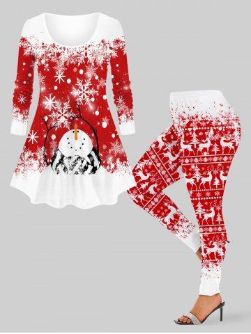 Plus Size Christmas Snowflake Snowman Tree Branch Elk Print Pajama Set - RED - 3X