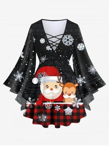 T-shirt Père Noël à Carreaux Flocon de Neige et Cerf Imprimés de Grande Taille à Manches Evasées - BLACK - XS