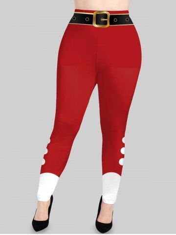 Plus Size Christmas Santa Claus's Colorblock Buckle Belt 3D Print Leggings